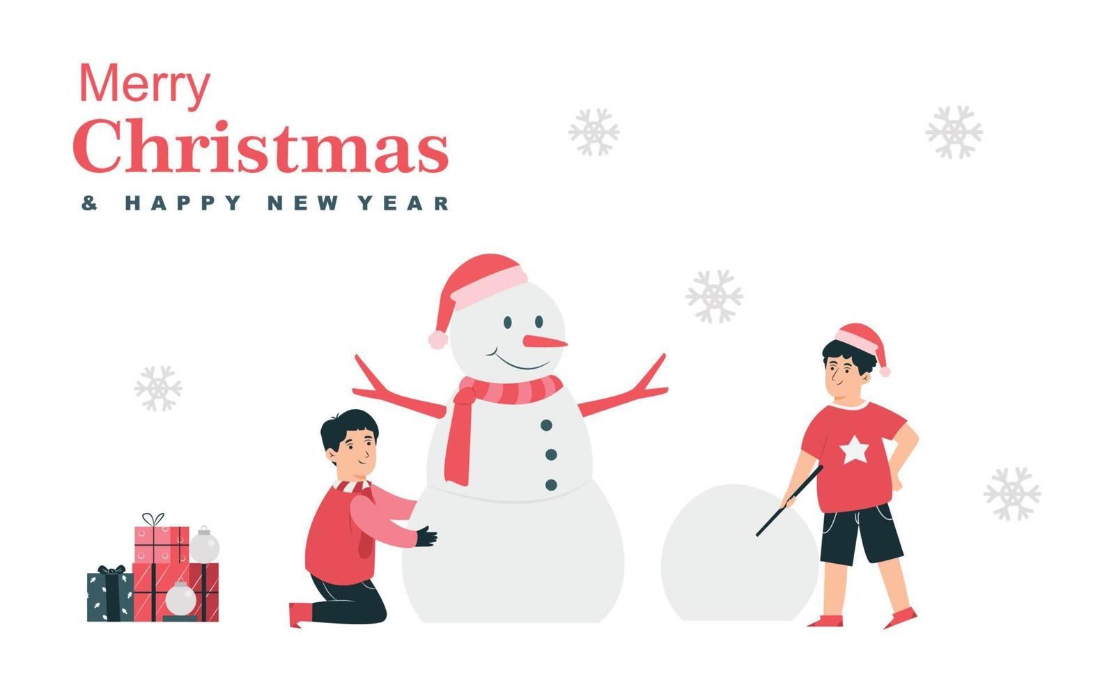 vector illustration of making a snowman. two kids playing snowman making on Christmas day