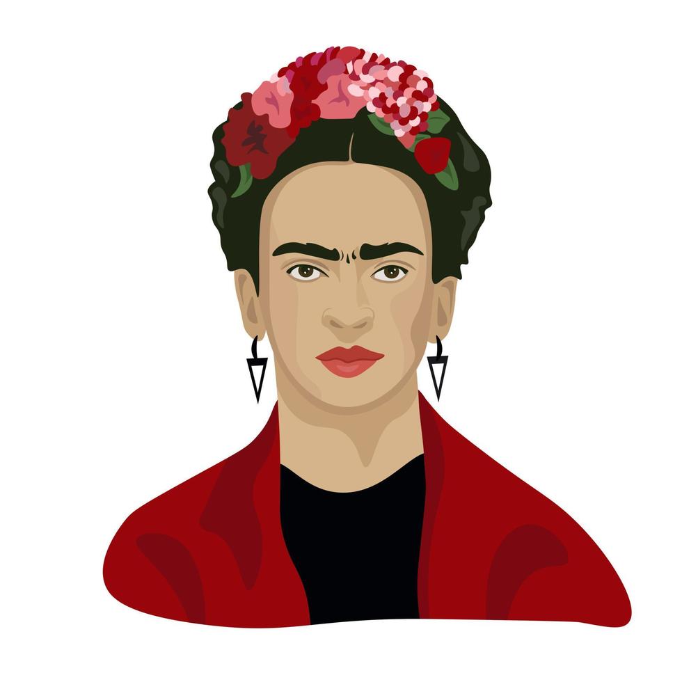 vector, retrato, de, frida kahlo, mujer, con, flores, en, ella, cabeza vector