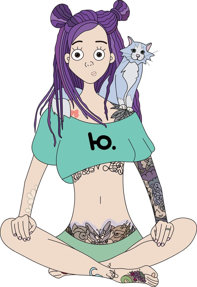 Girl with dreadlocks and tattoos in lotus position vector