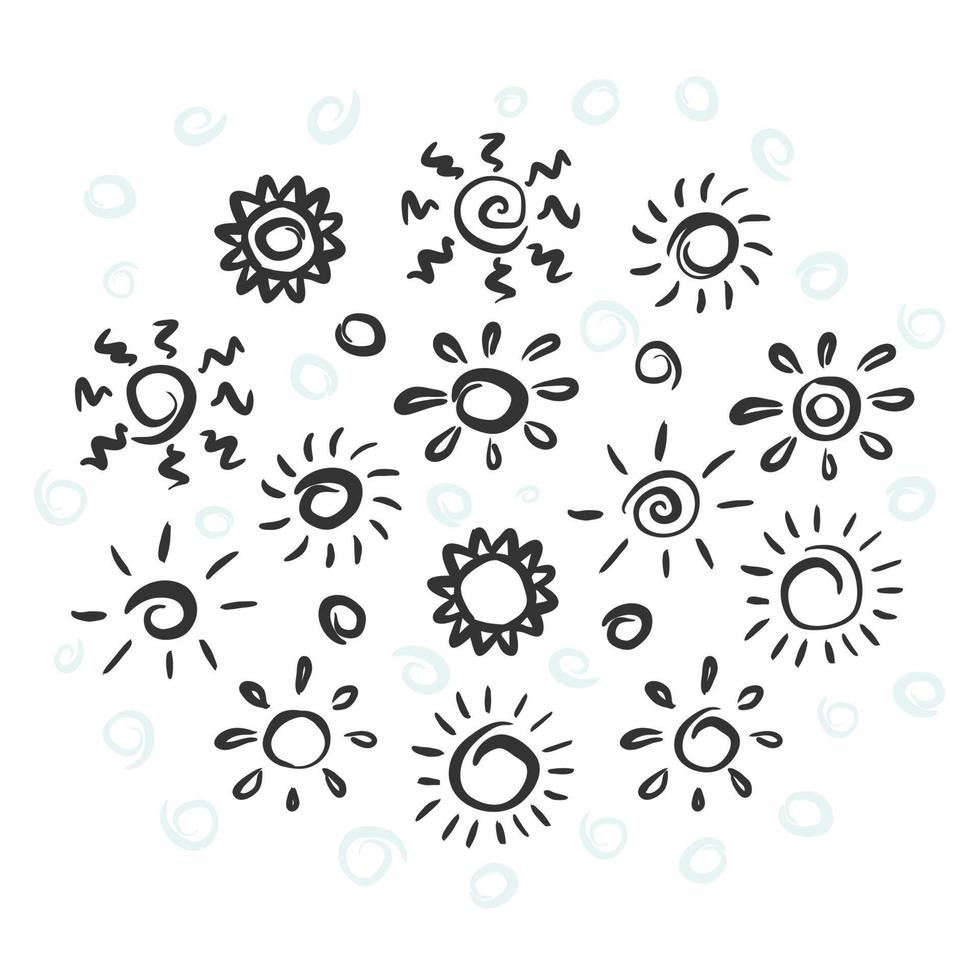 sun with sunburst hand drawn set in doodle sketch style. collection of suns drawn by brush strokes free hand. vector