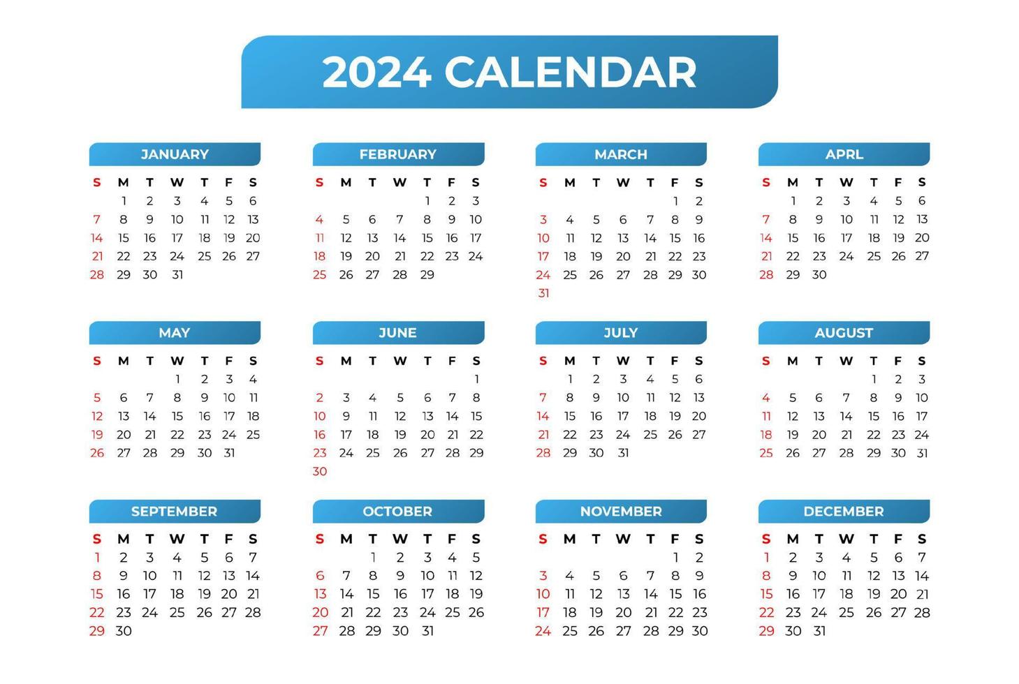 2024 calendar template, simple and easy to use vector