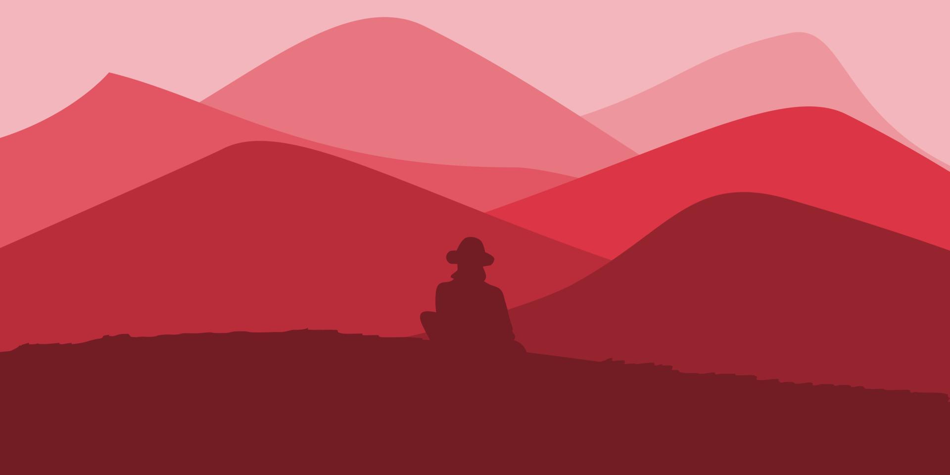 Vector illustration of a man sitting on a hill with a view of a beautiful mountain. sunrise and sunset in the mountains.