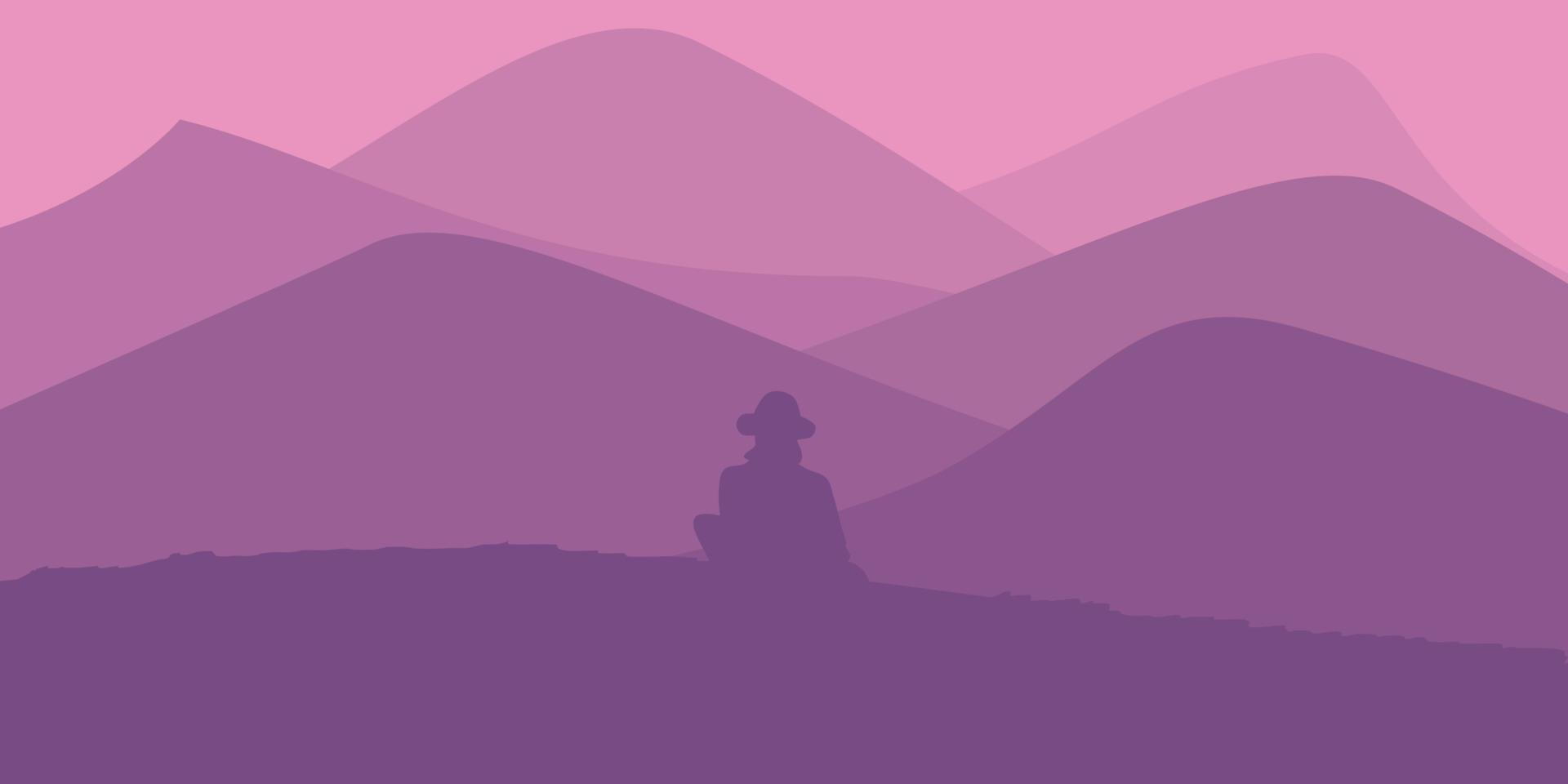 Vector illustration of a man sitting on a hill with a view of a beautiful mountain. sunrise and sunset in the mountains.