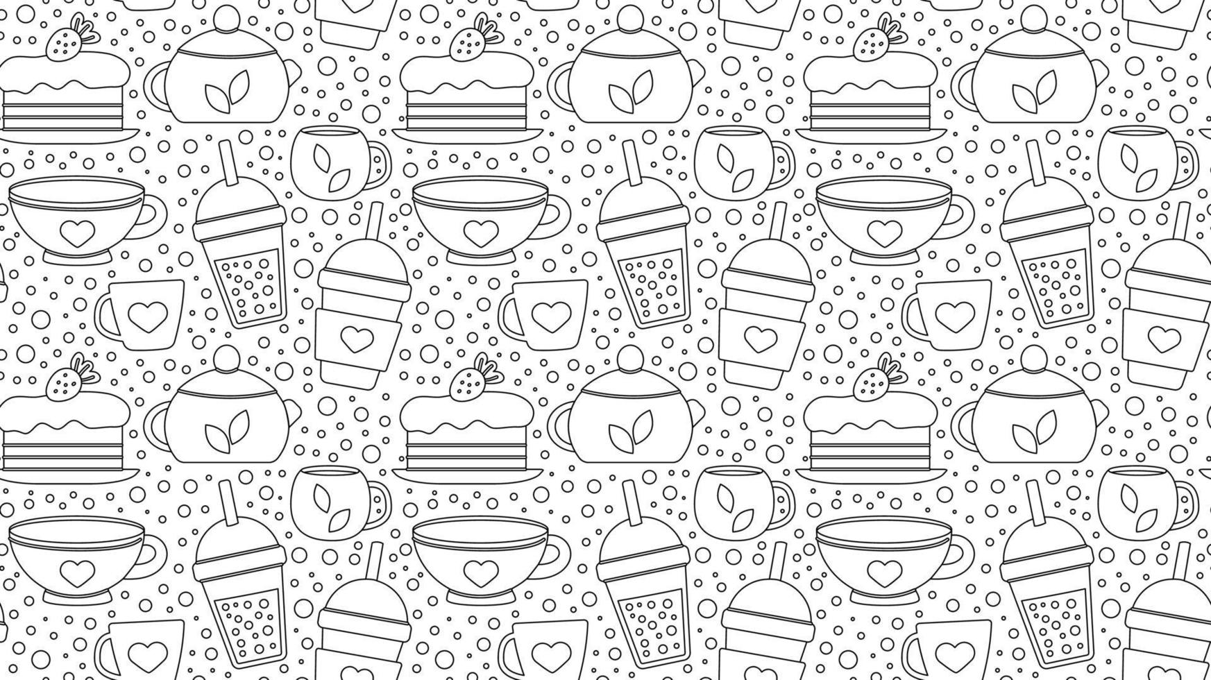 Seamless repeating pattern with drinks and desserts for cafe menu. Print for a shop with tea and coffee and a hot drink. Vector illustration.