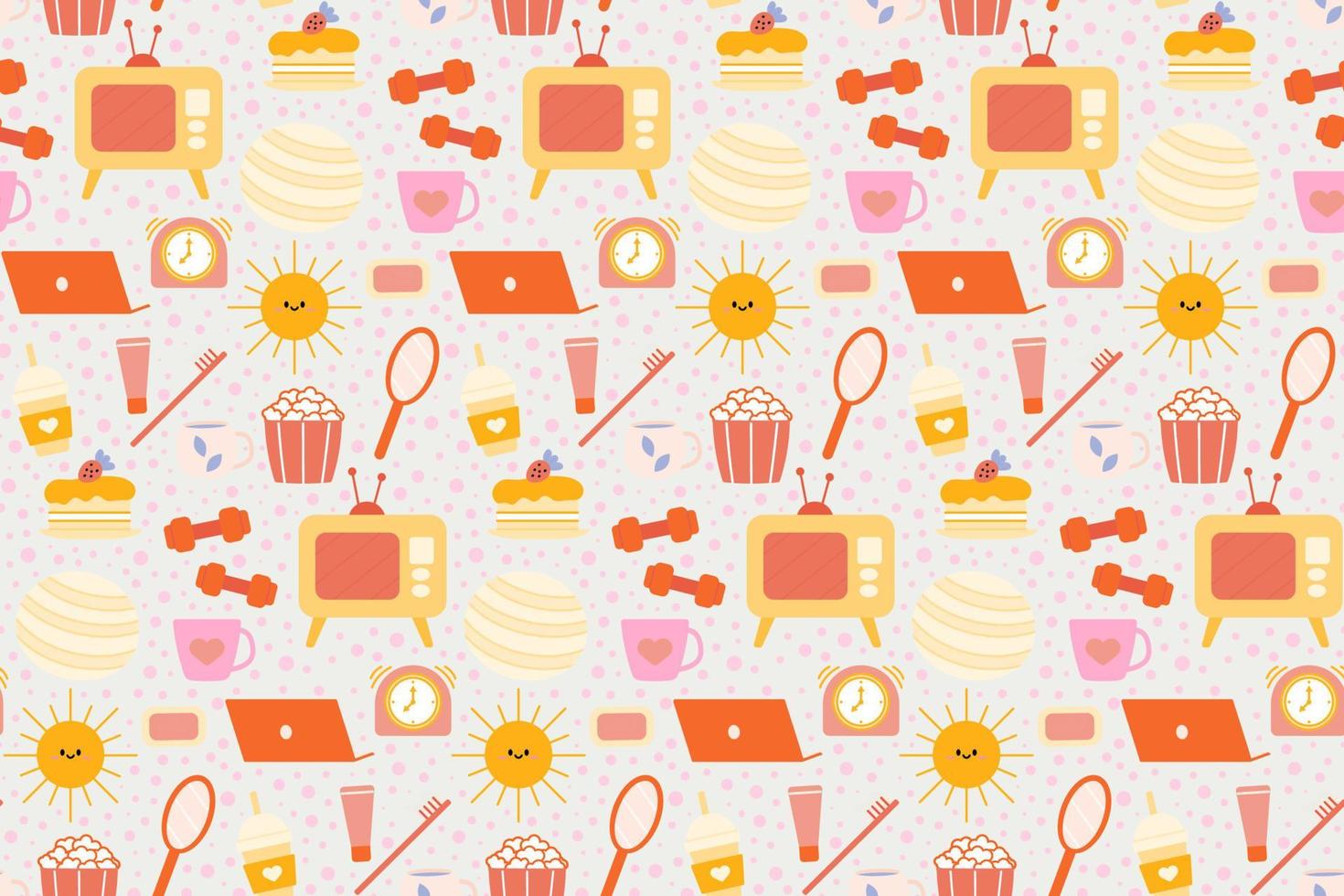 Seamless repeating pattern with cozy household items. Morning and evening routine. Vector illustration.