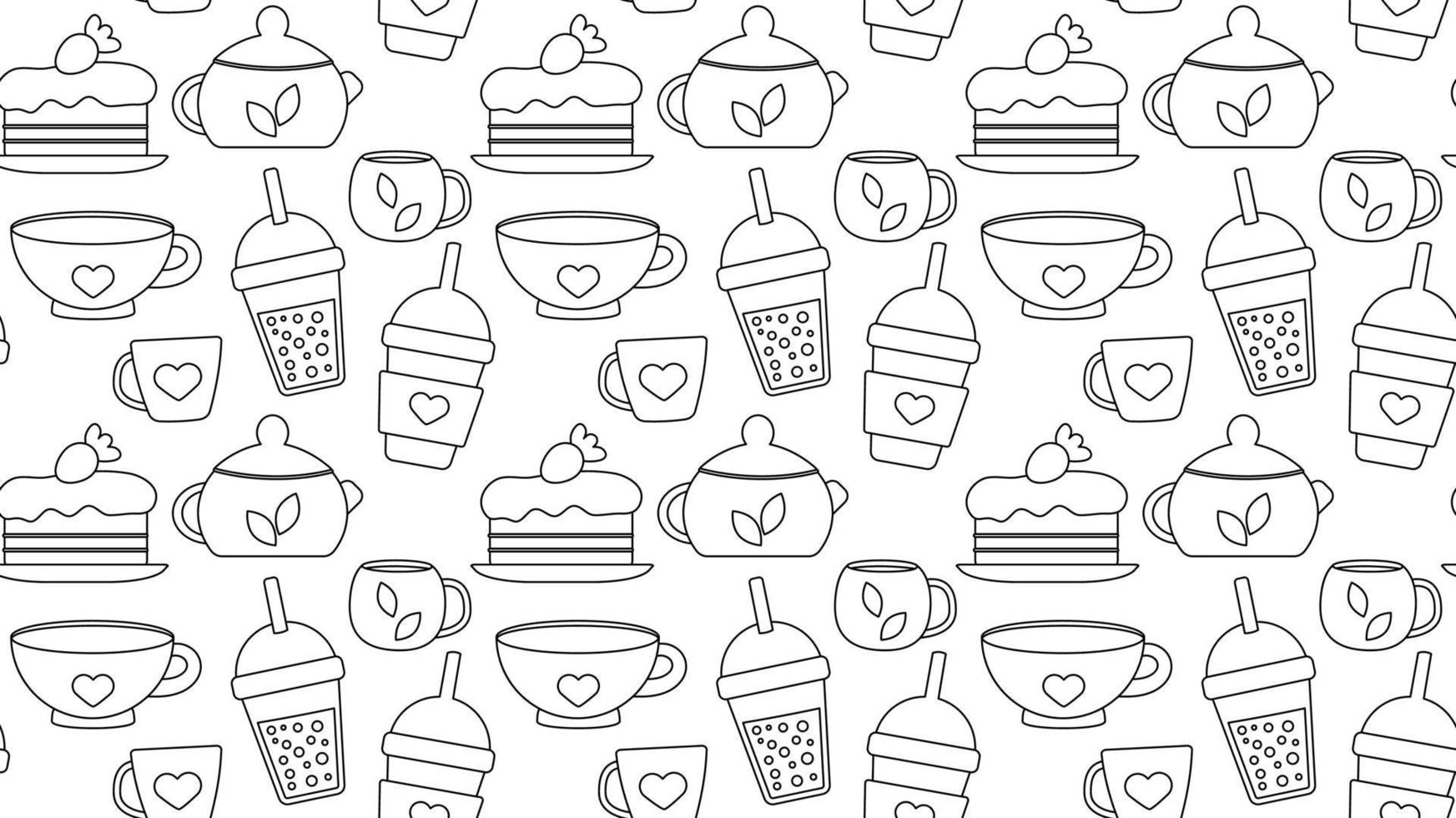 Seamless repeating pattern with drinks and desserts for cafe menu. Print for a shop with tea and coffee and a hot drink. Vector illustration.