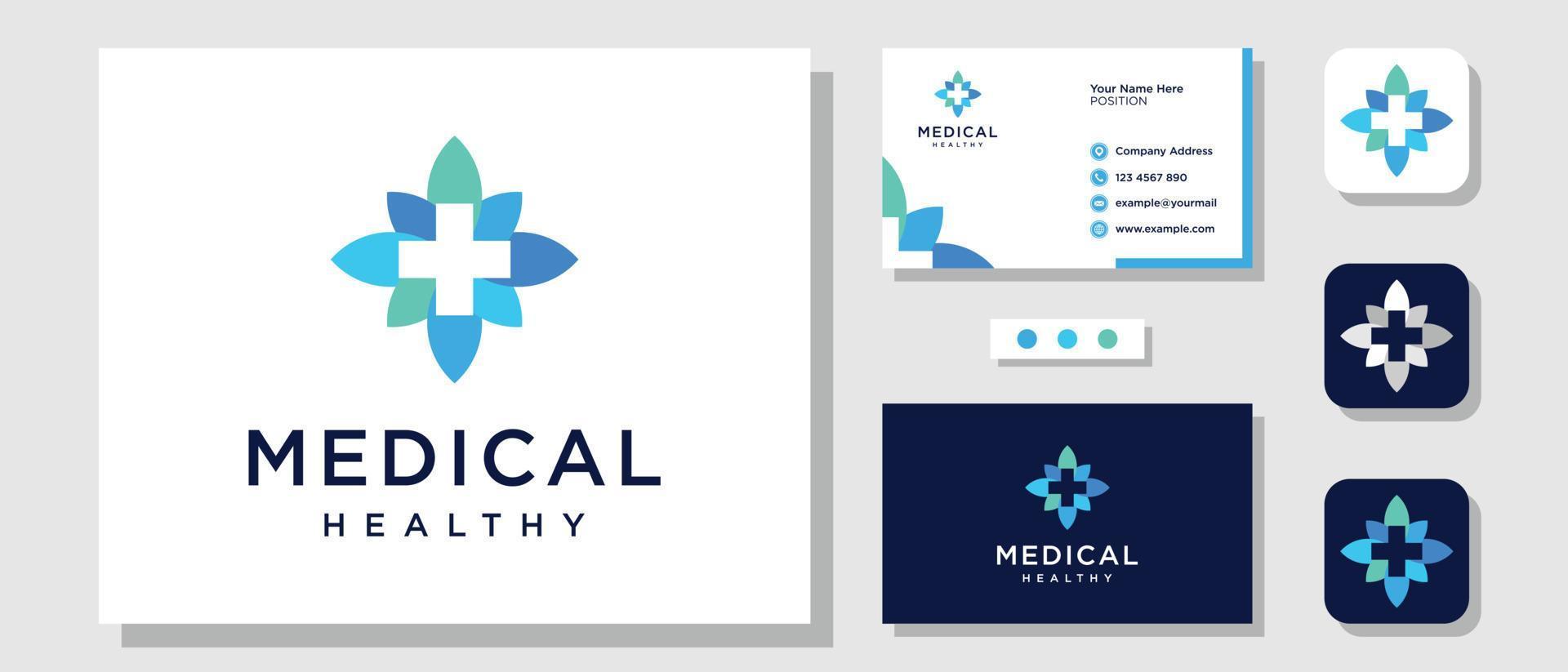 naturaleza médica salud medicina hoja hospital diseño de logotipo con plantilla de diseño tarjeta de visita vector