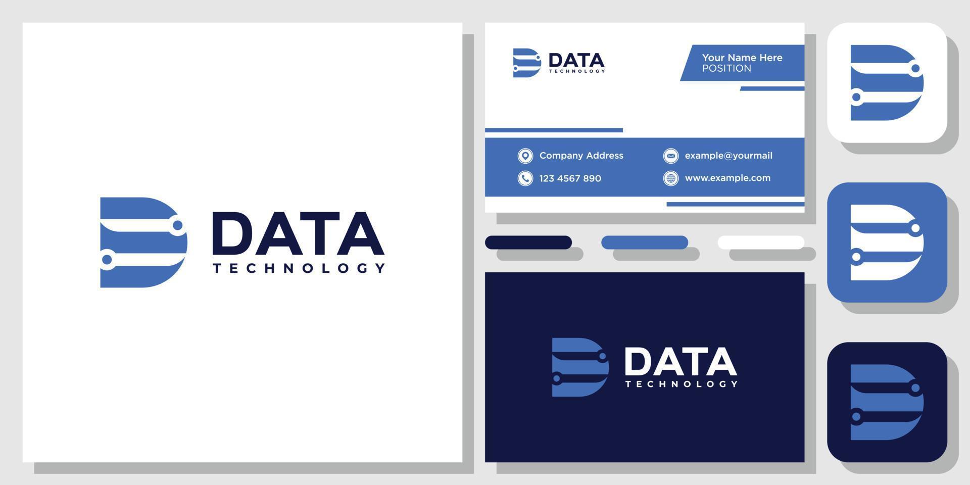 Letra inicial d datos inspiración de diseño de logotipo de tecnología de conexión digital con plantilla de diseño tarjeta de visita vector