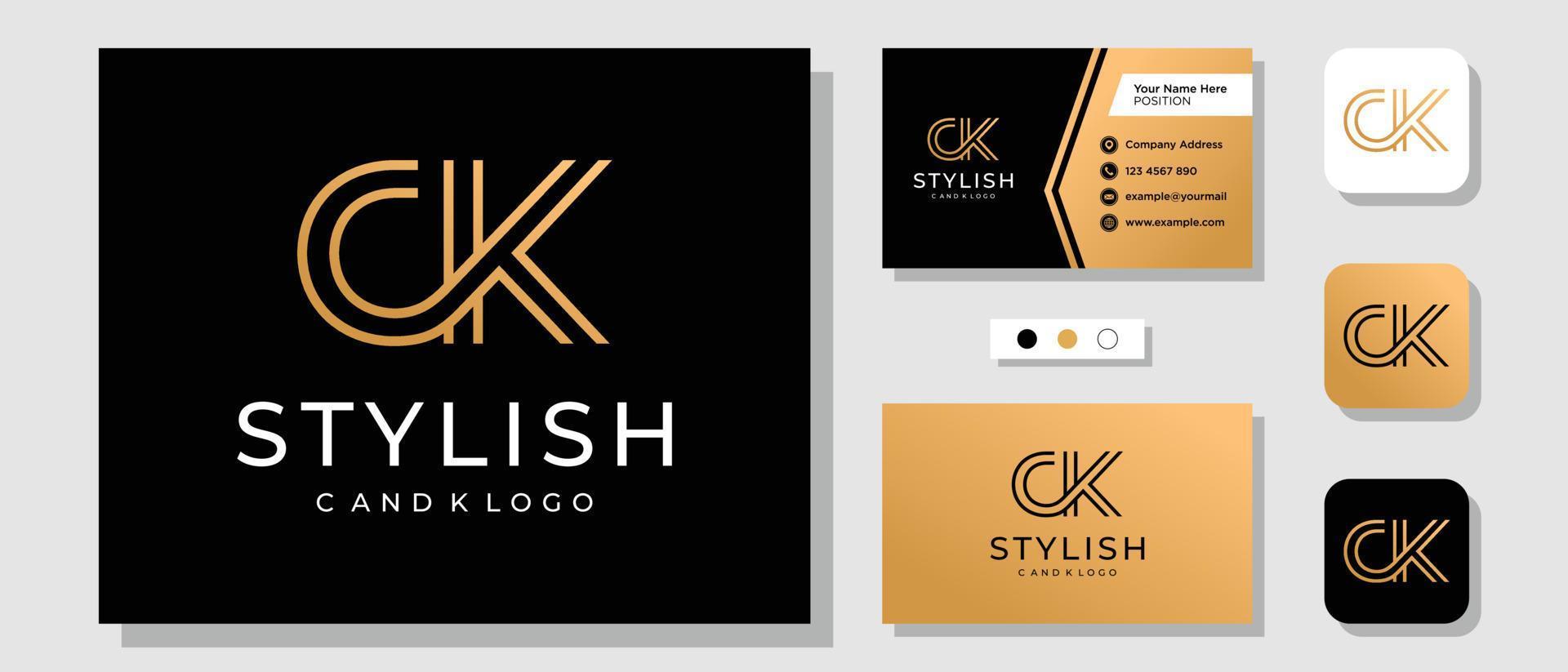 Letra inicial ck diseño de logotipo de oro monograma de lujo con plantilla de diseño tarjeta de visita vector