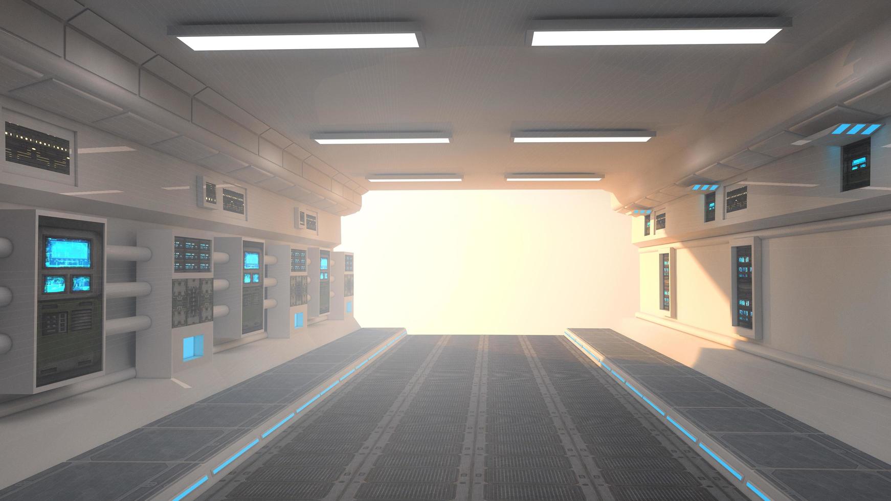 Futuristic corridor interior and sunset photo