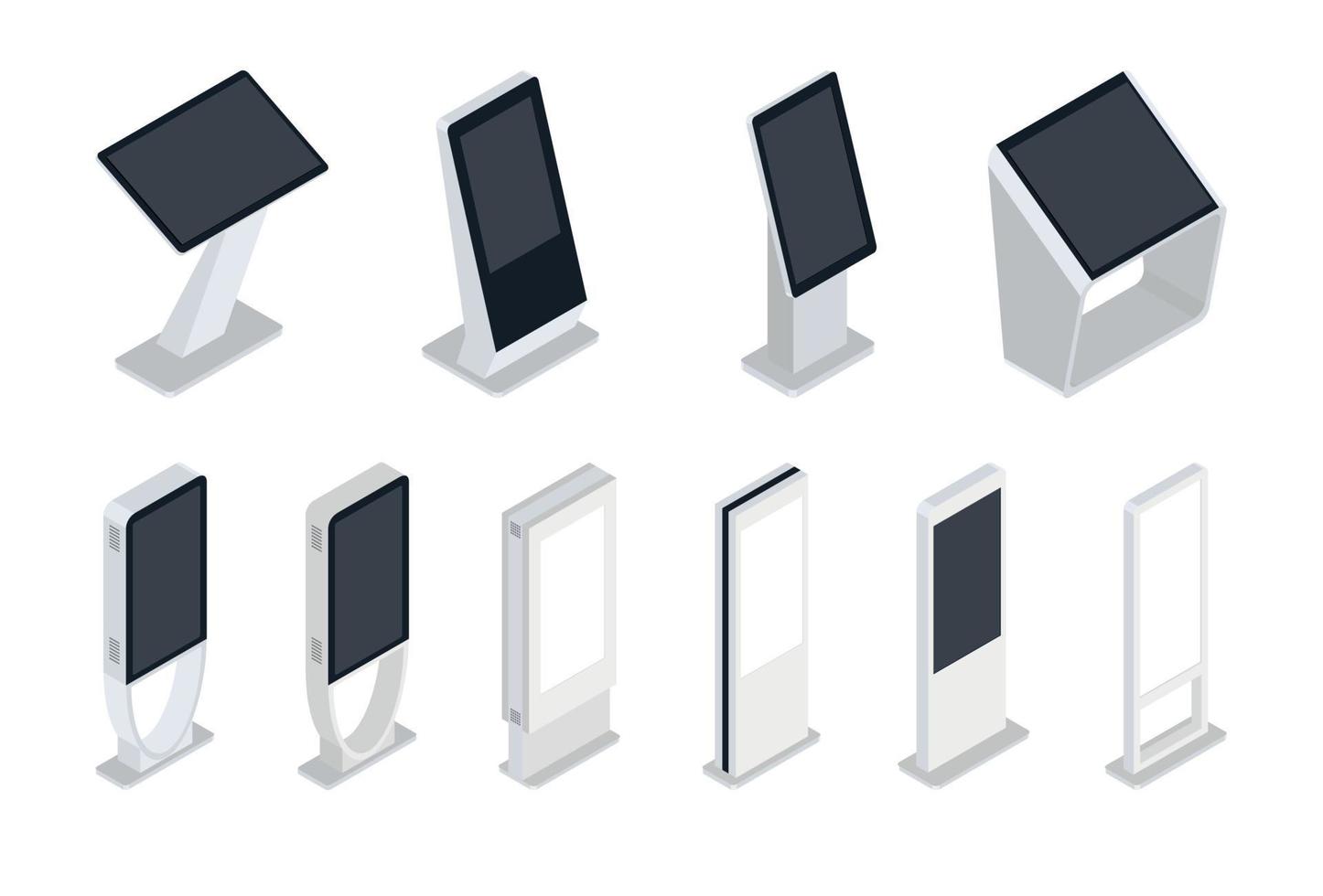 Set of Isometric Interactive Information Kiosks, Advertising Display, Terminal Stand vector