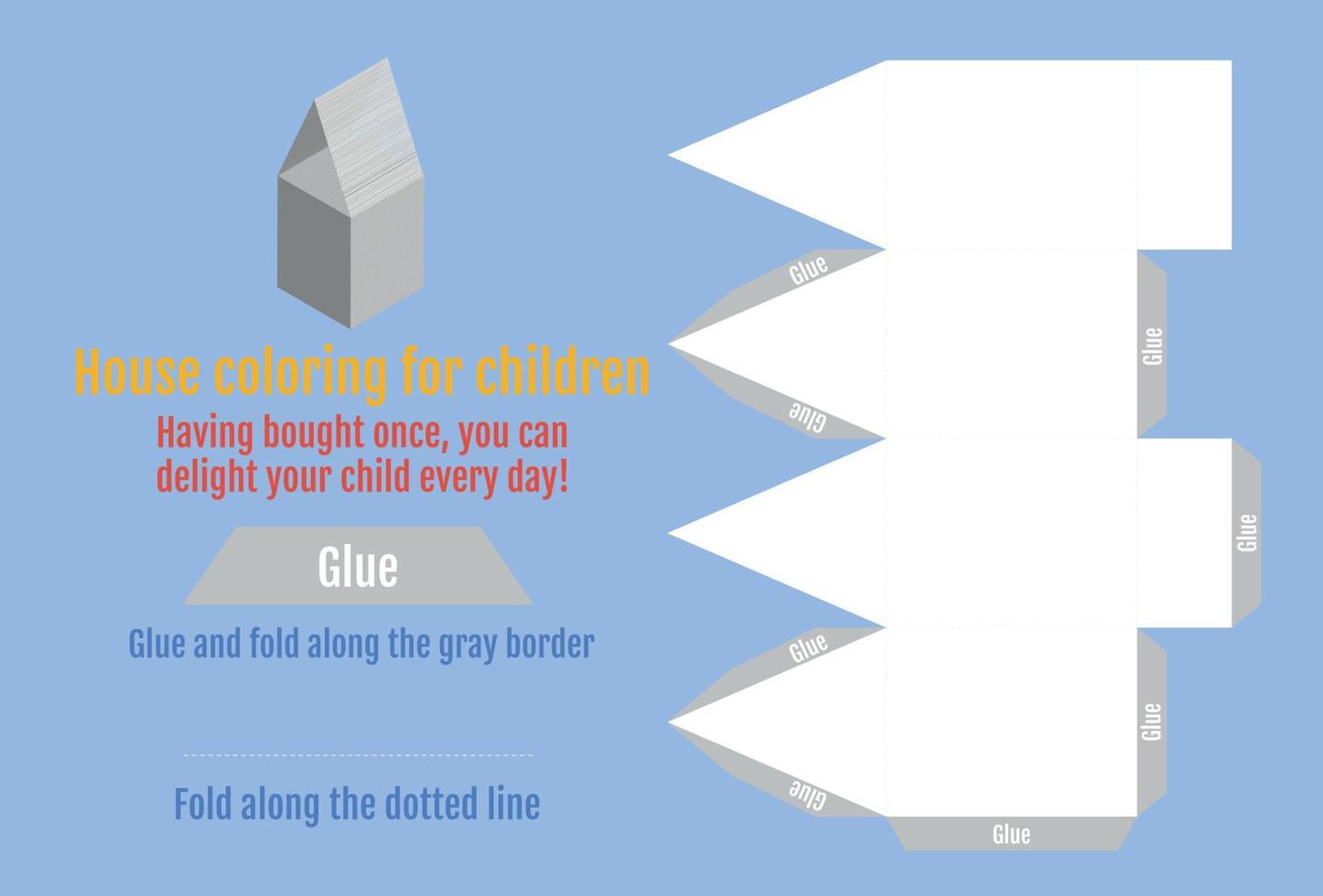 Vector illustration for drawing. Model for cutting and coloring a Christmas house from paper.