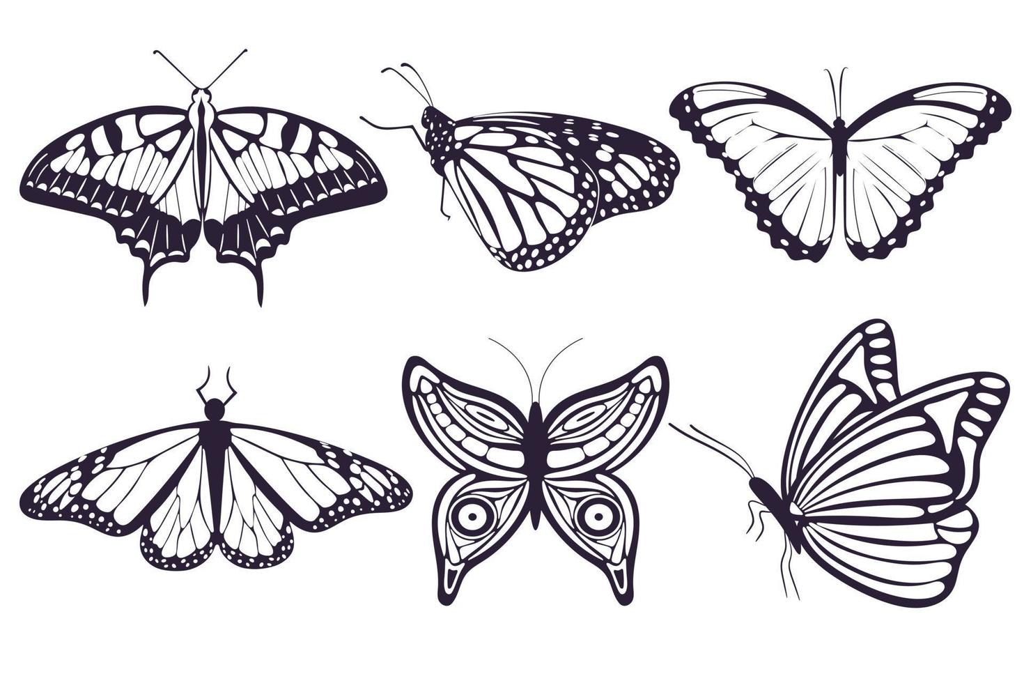 Butterflies hand drawing set isolated objects vector