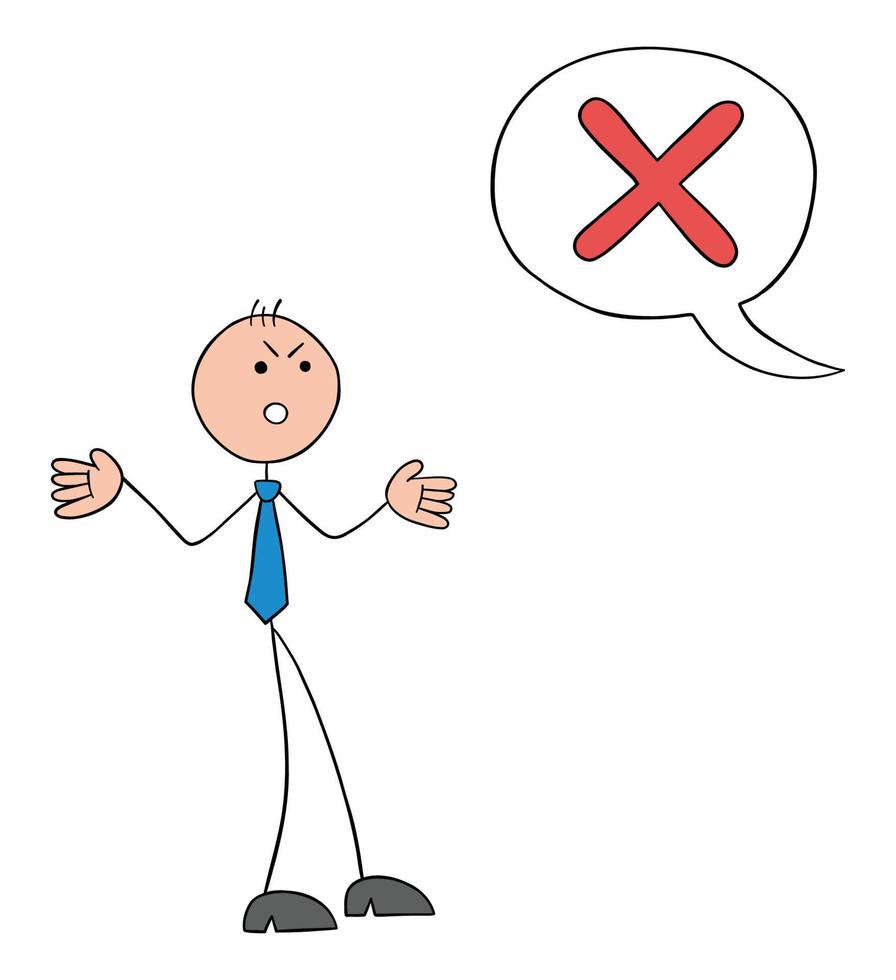 Problem, stickman businessman is very angry because he was rejected, hand drawn outline cartoon vector illustration