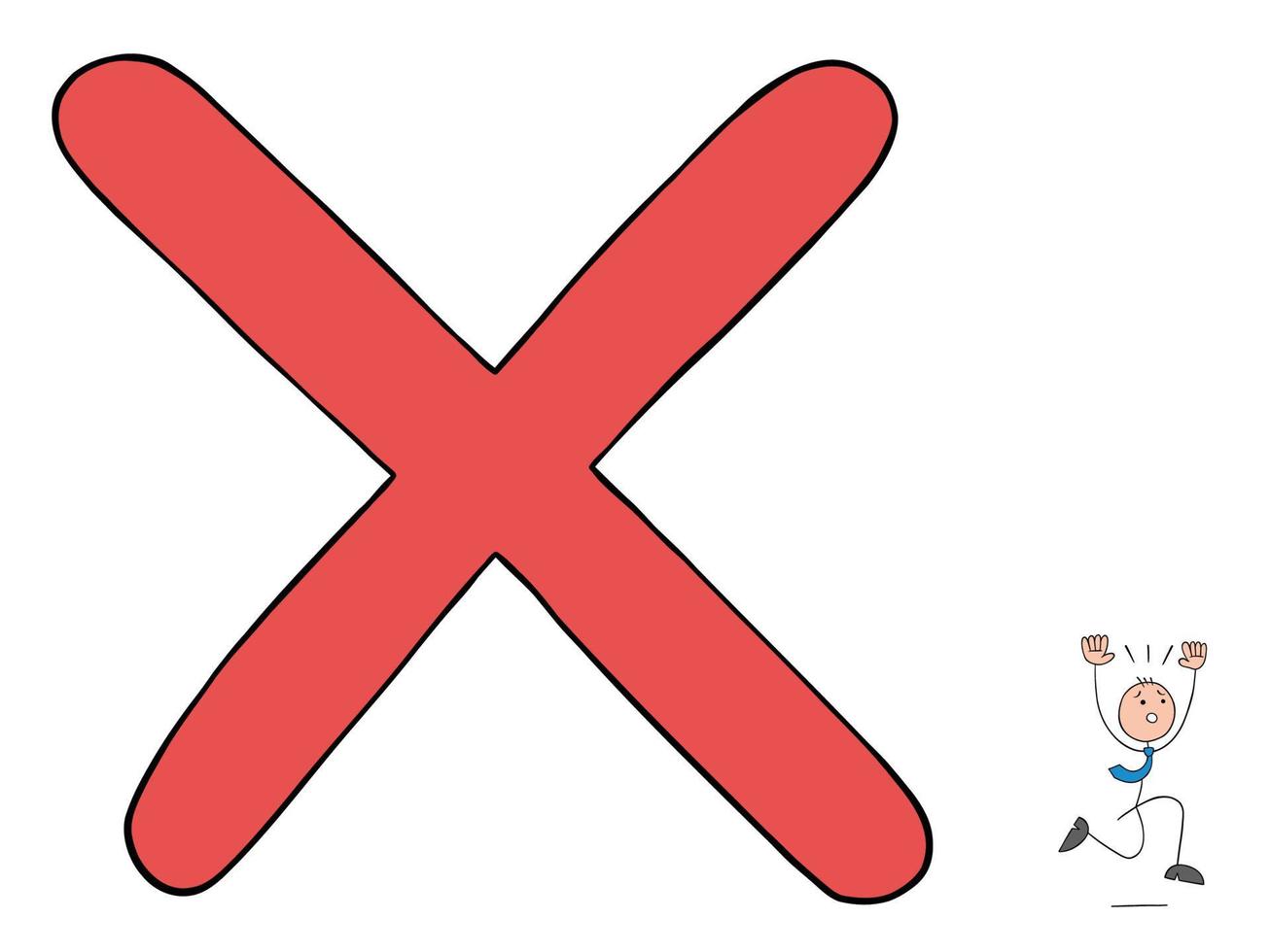 Problem, stickman businessman is afraid of the huge cross and runs away, hand drawn outline cartoon vector illustration