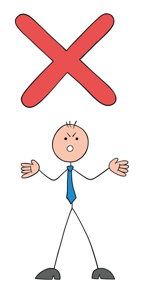 problema, el empresario stickman está enojado y se niega, ilustración vectorial de dibujos animados de contorno dibujado a mano vector