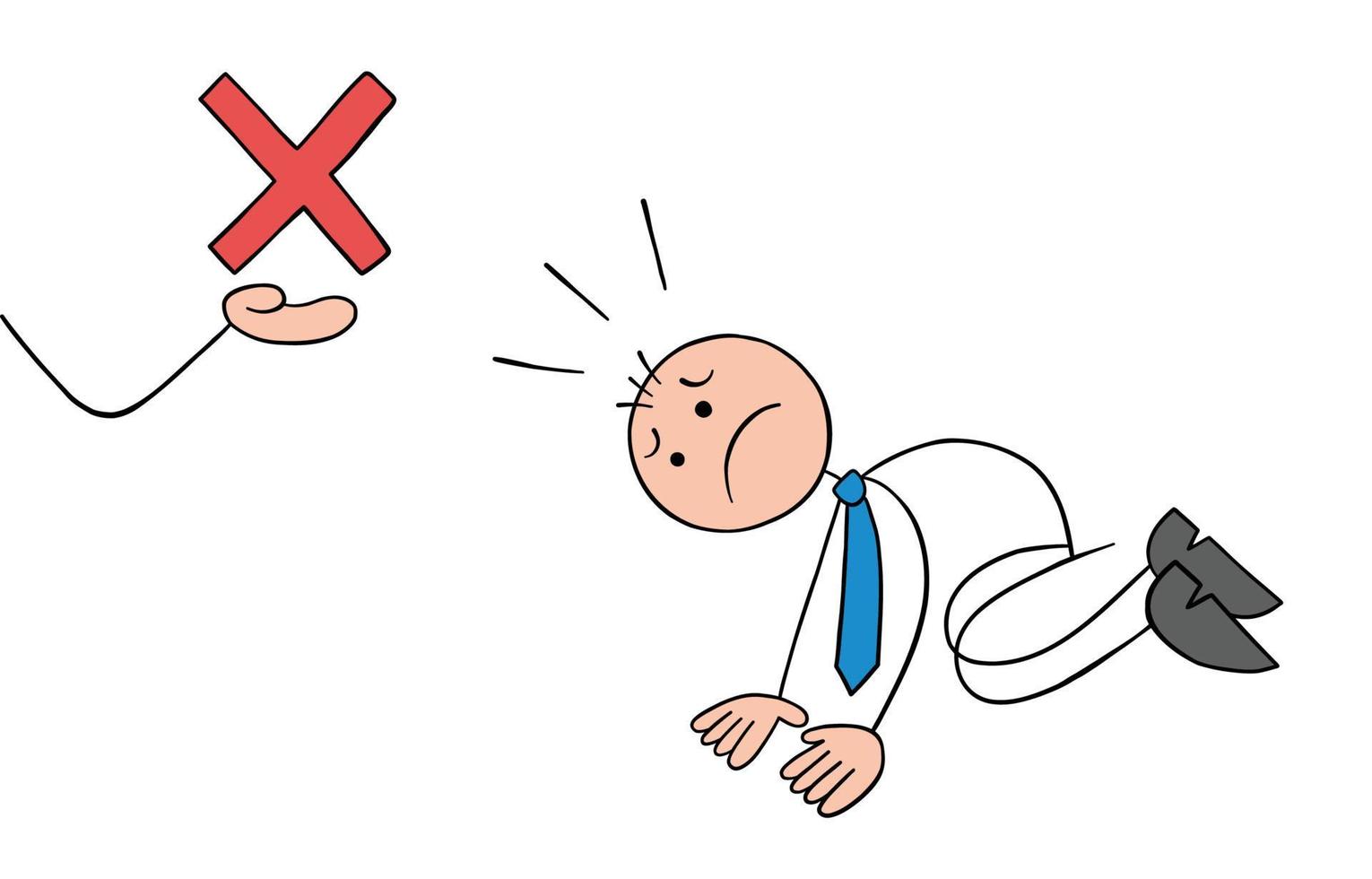 Problem, stickman businessman was rejected and very upset, hand drawn outline cartoon vector illustration.