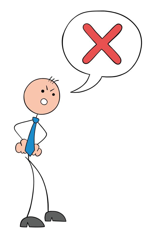 Problem, stickman businessman is angry and refuses, hand drawn outline cartoon vector illustration