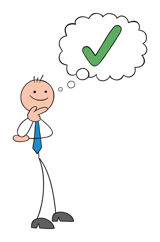 Approve, stickman businessman is considerate and wants to accept, hand drawn outline cartoon vector illustration.