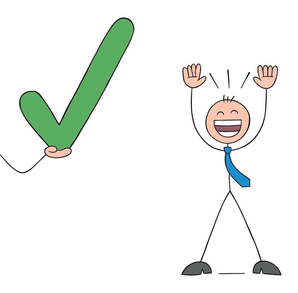 Approve, stickman businessman was approved and very happy, hand drawn outline cartoon vector illustration