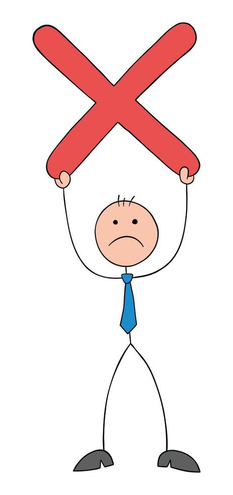 Problem, stickman businessman is holding the cross, hand drawn outline cartoon vector illustration