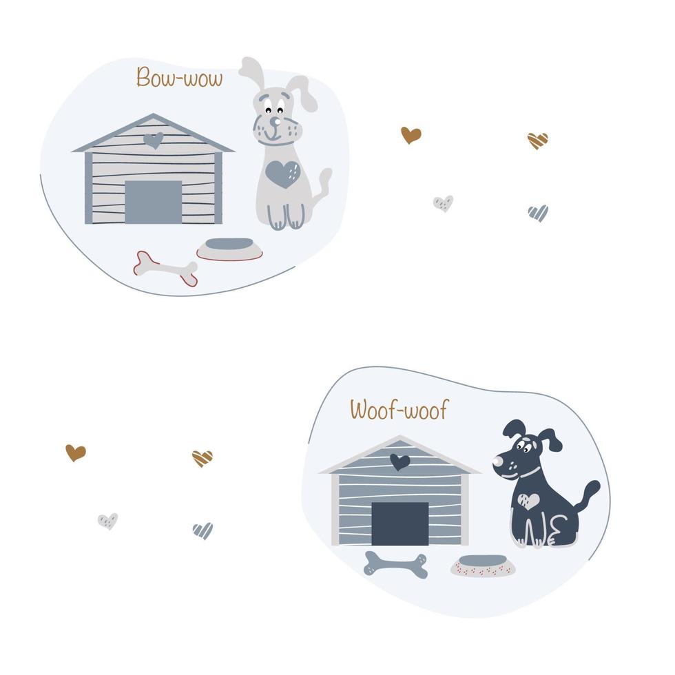 Dogs near dogs houses. Set of vector elements. Good for childish clothes, surface design.