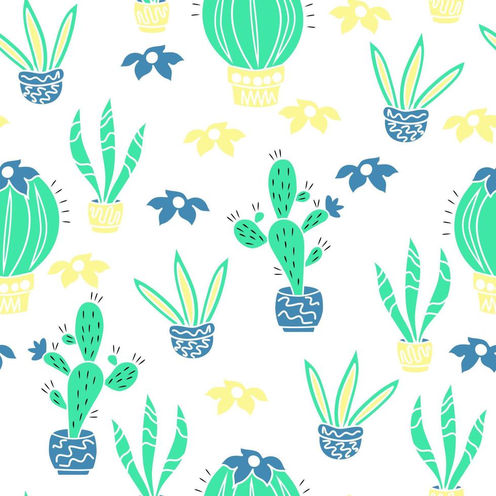 Seamless pattern with cacti and flowers. Perfect for childish clothes, surface design and others. Vector illustration.