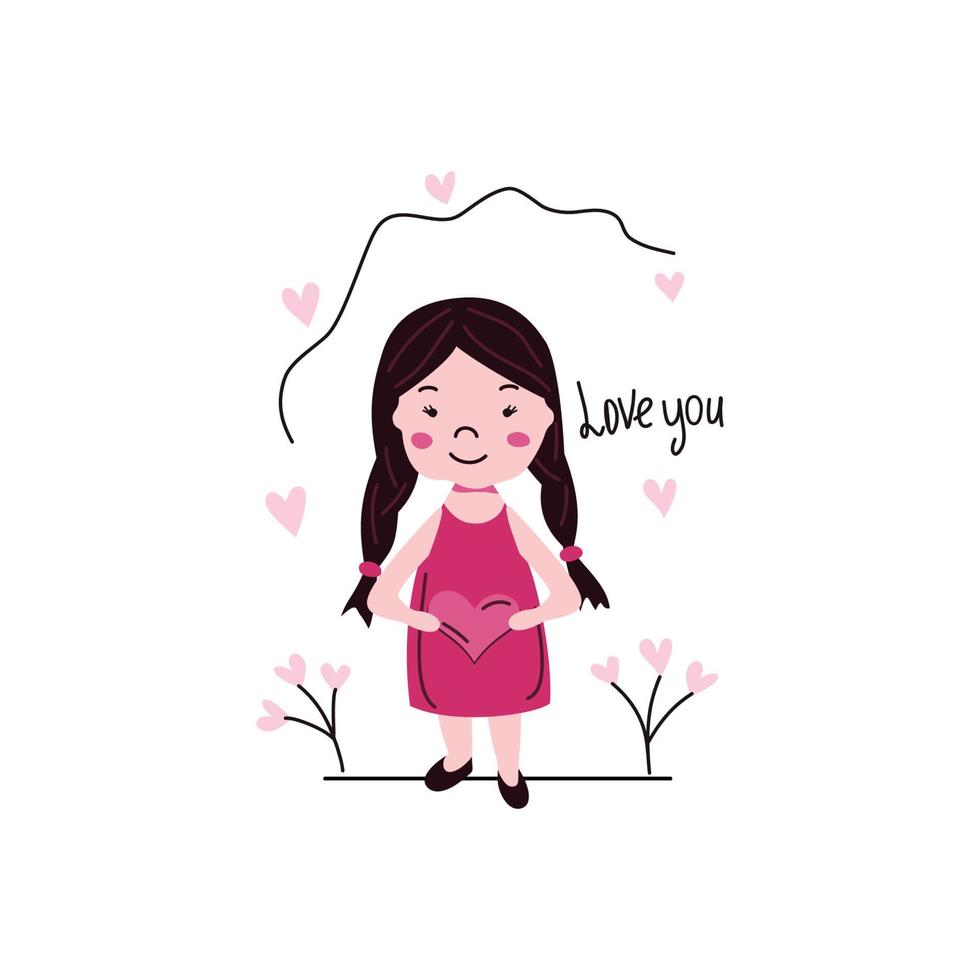 linda chica de dibujos animados con corazón. tarjeta para el día de san valentín. ilustración vectorial. vector