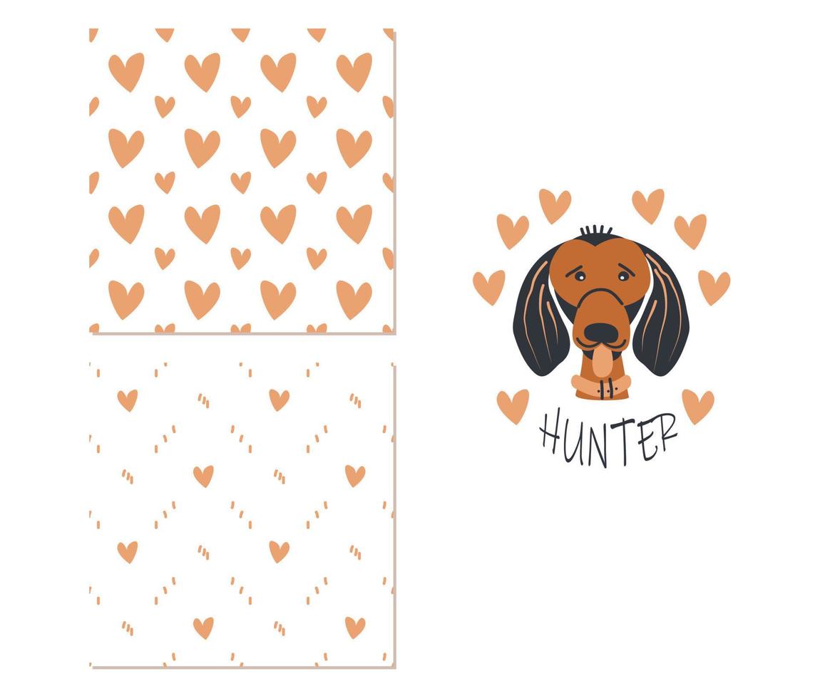 Cute dog in hearts. Two simple seamless patterns for childish clothes, surface design. Vector illustration.