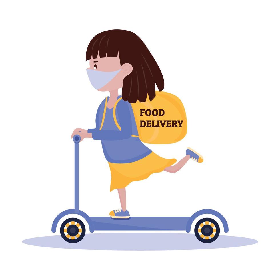 A delivery girl on a scooter carries an order. Vector illustration.