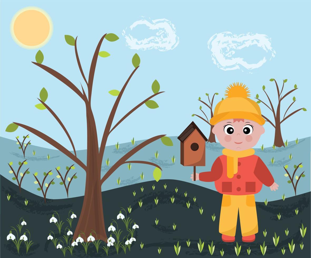 A boy is going to hang a birdhouse on a tree, a spring landscape. Vector illustration.