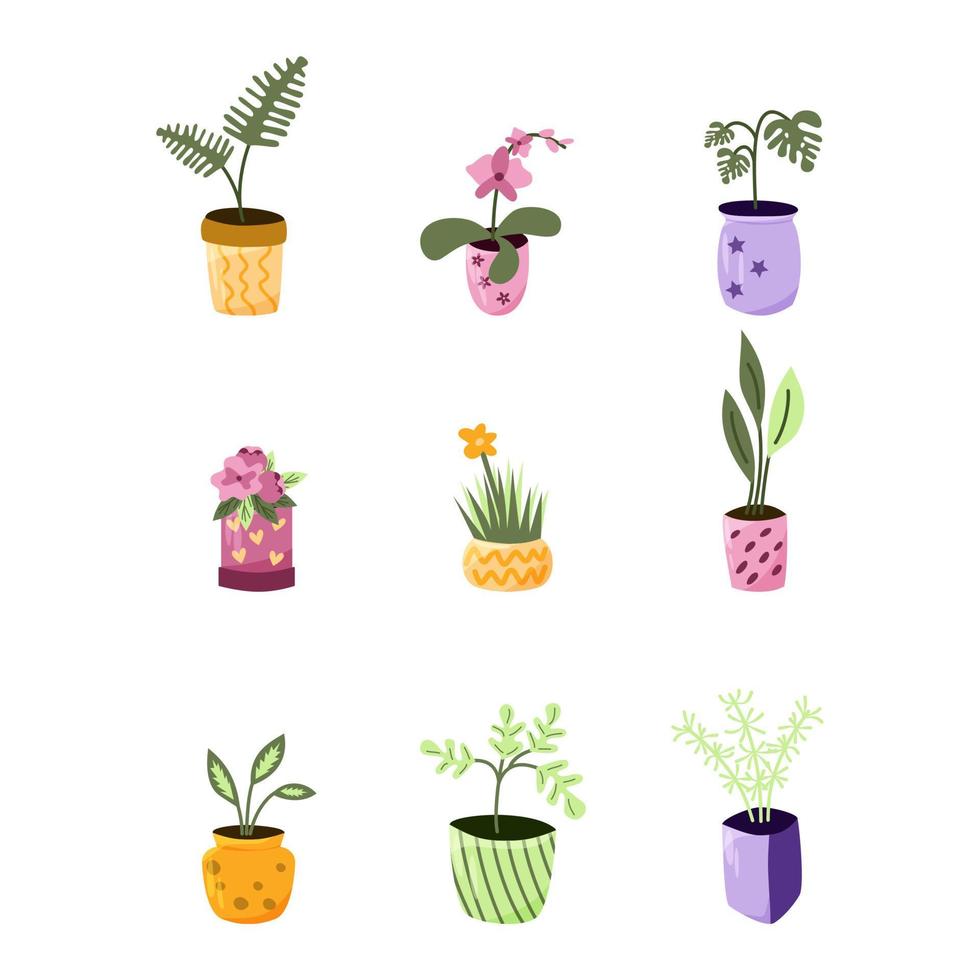 Flowers in colorful pots. A set of 9 elements. Vector illustration.