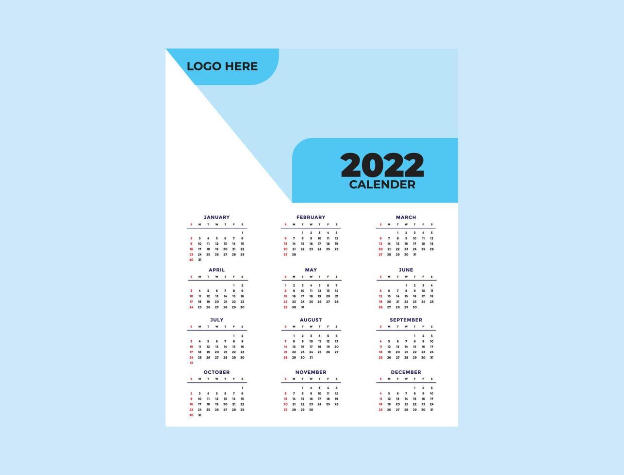 plantilla de diseño de calendario de una página 2022, archivo editable vector