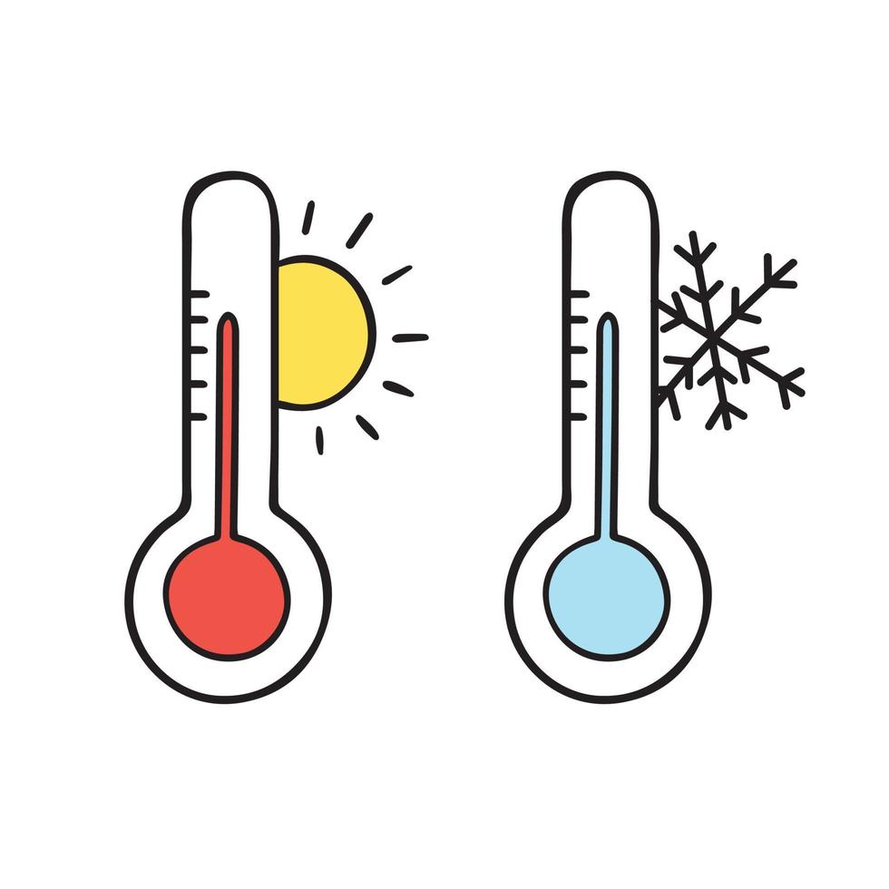 termómetros con sol y copo de nieve. estilo de dibujo de doodle. Ilustración de vector dibujado a mano aislado sobre fondo blanco.