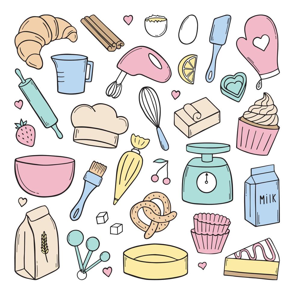 Set of baking doodle. Mixer, butter, flour, spoon, whisk in sketch style.  Hand drawn vector illustration isolated on white background.