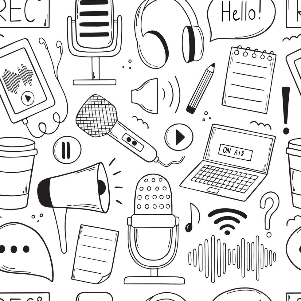 Seamless pattern of podcast doodle. Microphone, phone, laptop, voice recorder, play button, loudspeaker in sketch style.  White seamless background. Hand drawn vector illustration.