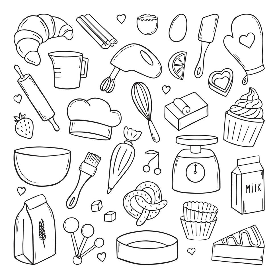 Set of baking doodle. Mixer, butter, flour, spoon, whisk in sketch style.  Hand drawn vector illustration isolated on white background.