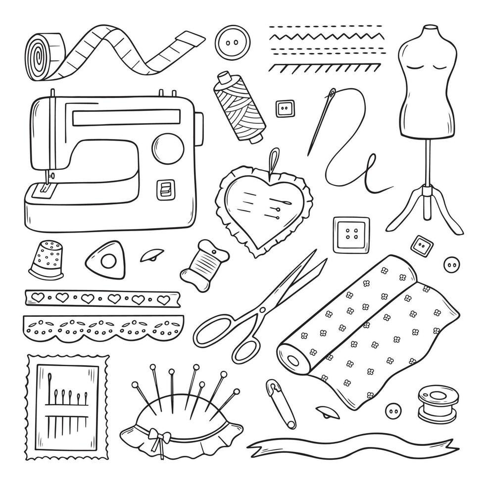 Set of sewing doodle. Sewing machine, buttons, scissors, pin and thread spools. Hand drawn vector illustration isolated on white background.