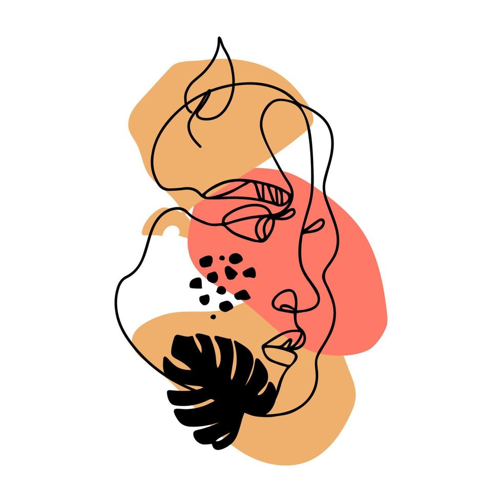 rostro de mujer contemporánea creativa y elementos florales un dibujo de línea continua. arte lineal . Retrato femenino moderno abstracto pintado en estilo minimalista con hojas. ilustración vectorial. vector