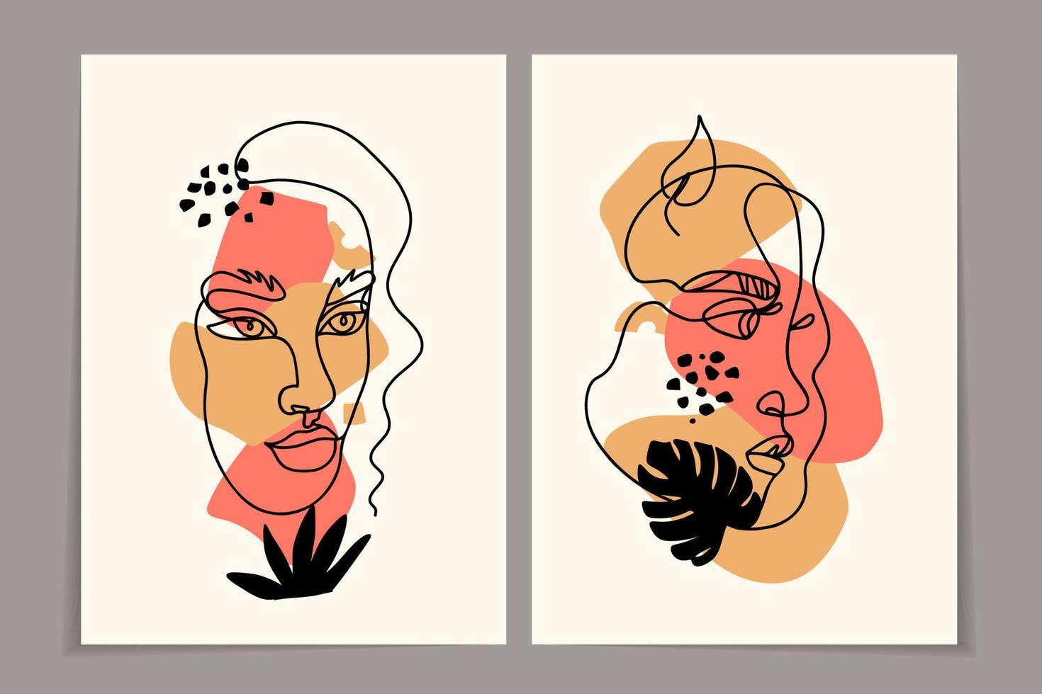 set of covers Creative contemporary woman face floral elements one continuous line drawing. Line art . Abstract modern female portrait painted in minimalistic style with leaves. Vector illustration