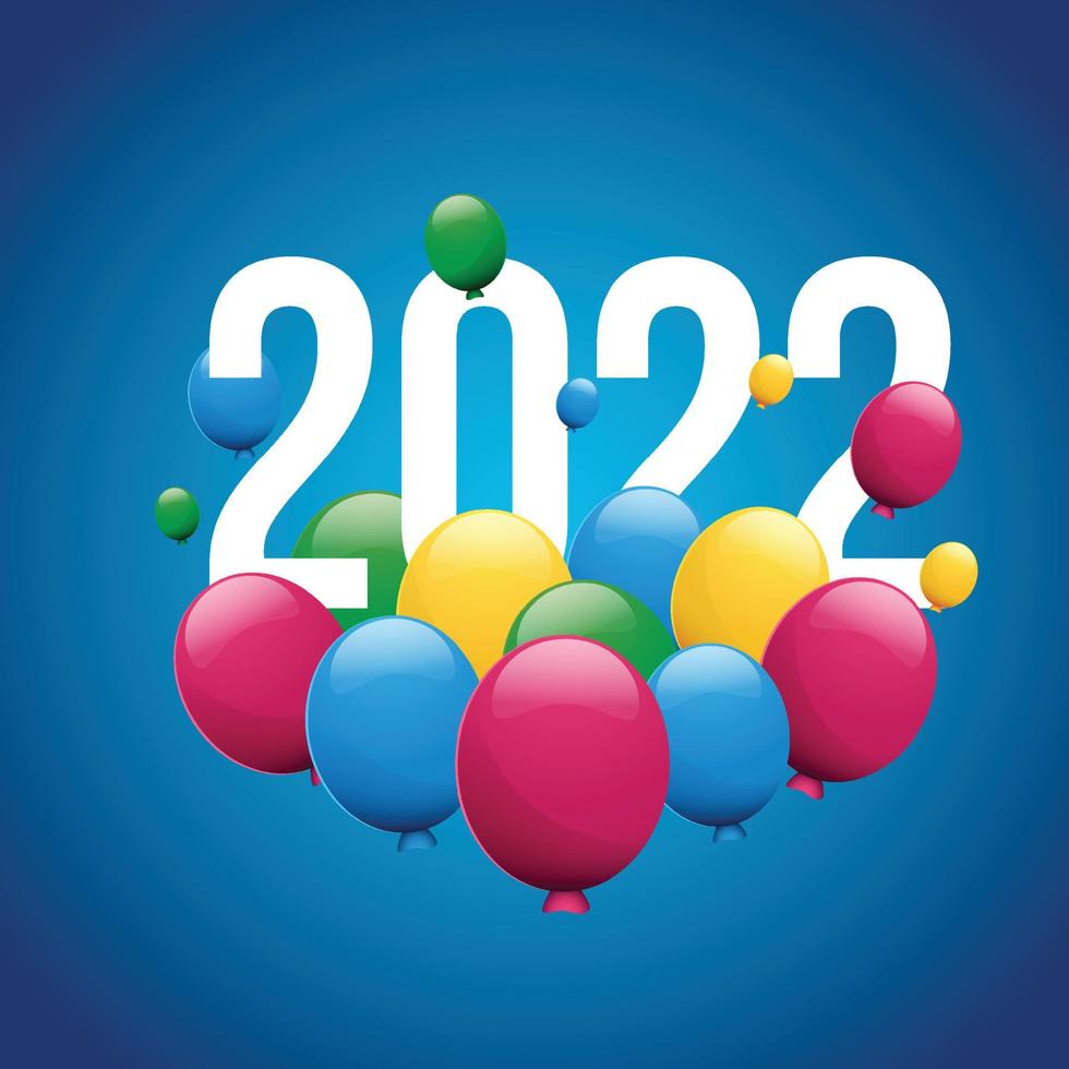 Colorful Happy New Year balloons with 2022 on white and blue background vector