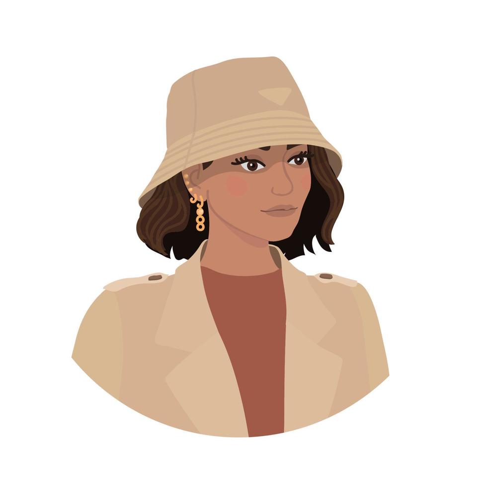 vector ilustración colorida de peinado de chica de moda aislado sobre fondo blanco. mujer usa un sombrero de panamá