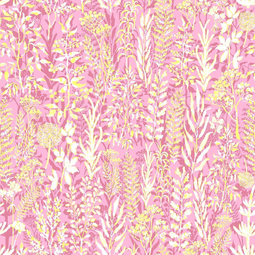 Vector seamless background with colorful watercolor illustration of herbs, plants and flowers. Can be used for wallpaper, pattern fills, web page, surface textures, textile print, wrapping paper