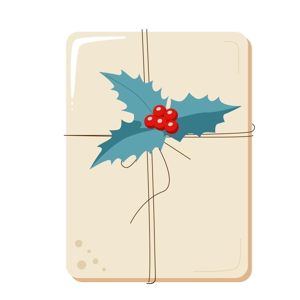 One gift in a craft package with holly vector