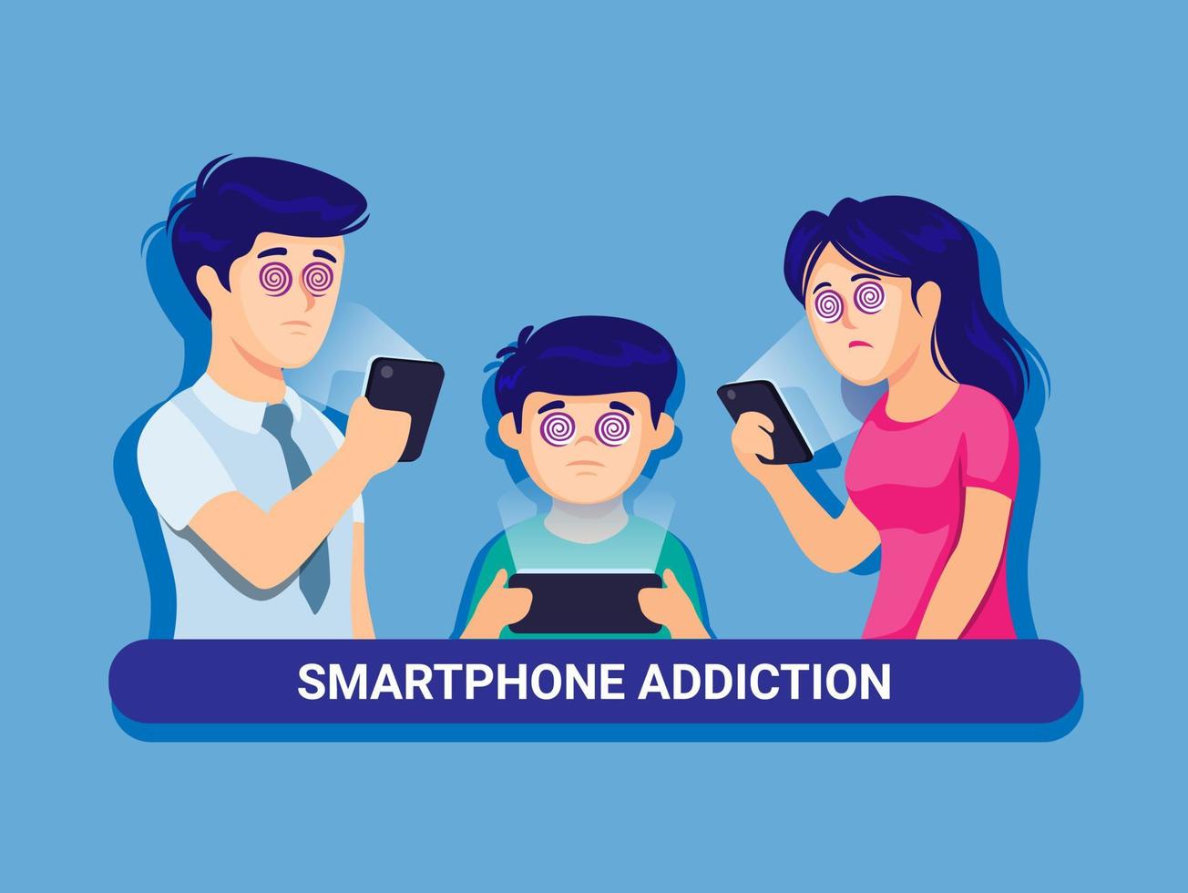 Smartphone gadget addiction on family. parent and children technology side impact illustration vector