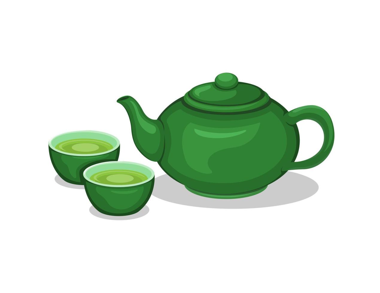 Té en tetera y taza de bebida saludable tradicional asiática conjunto de objetos vector de ilustración