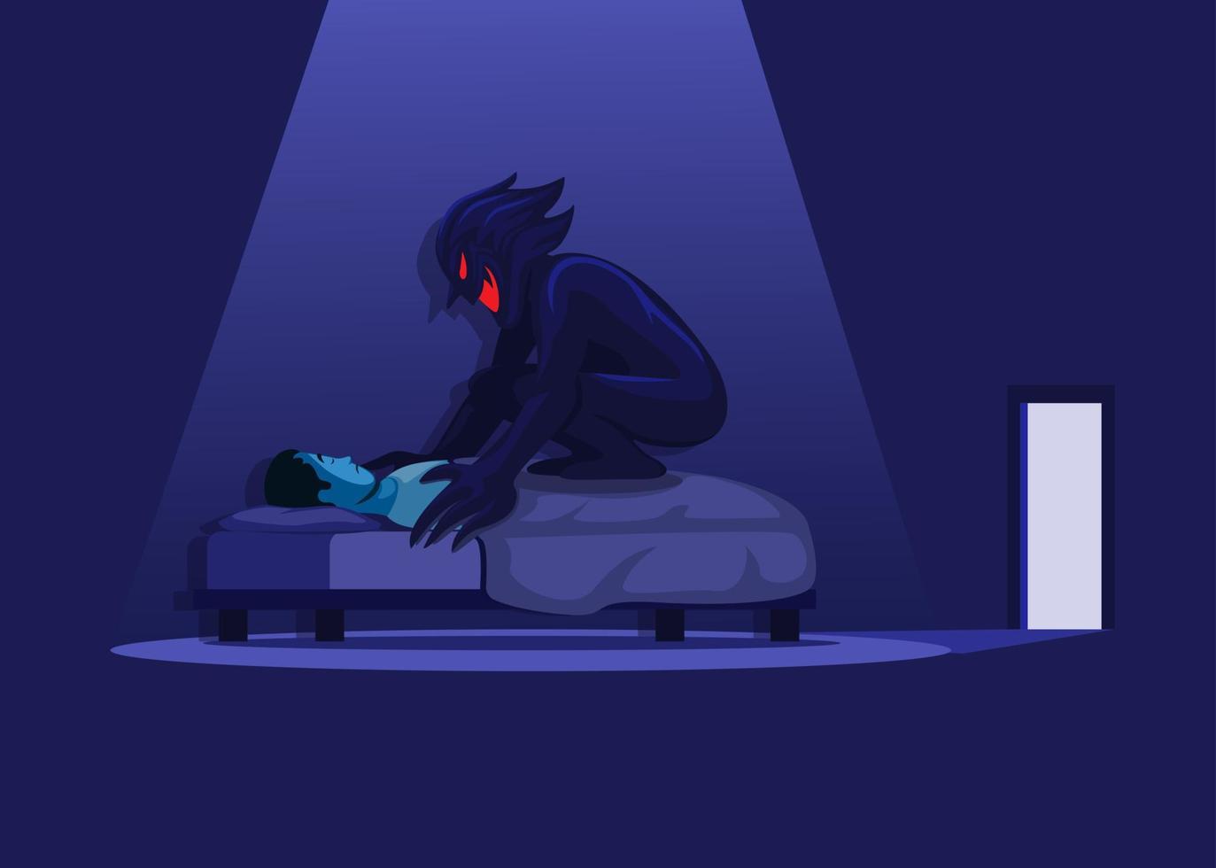 Sleep Paralysis with Demon in bed. nightmare horror scene illustration vector