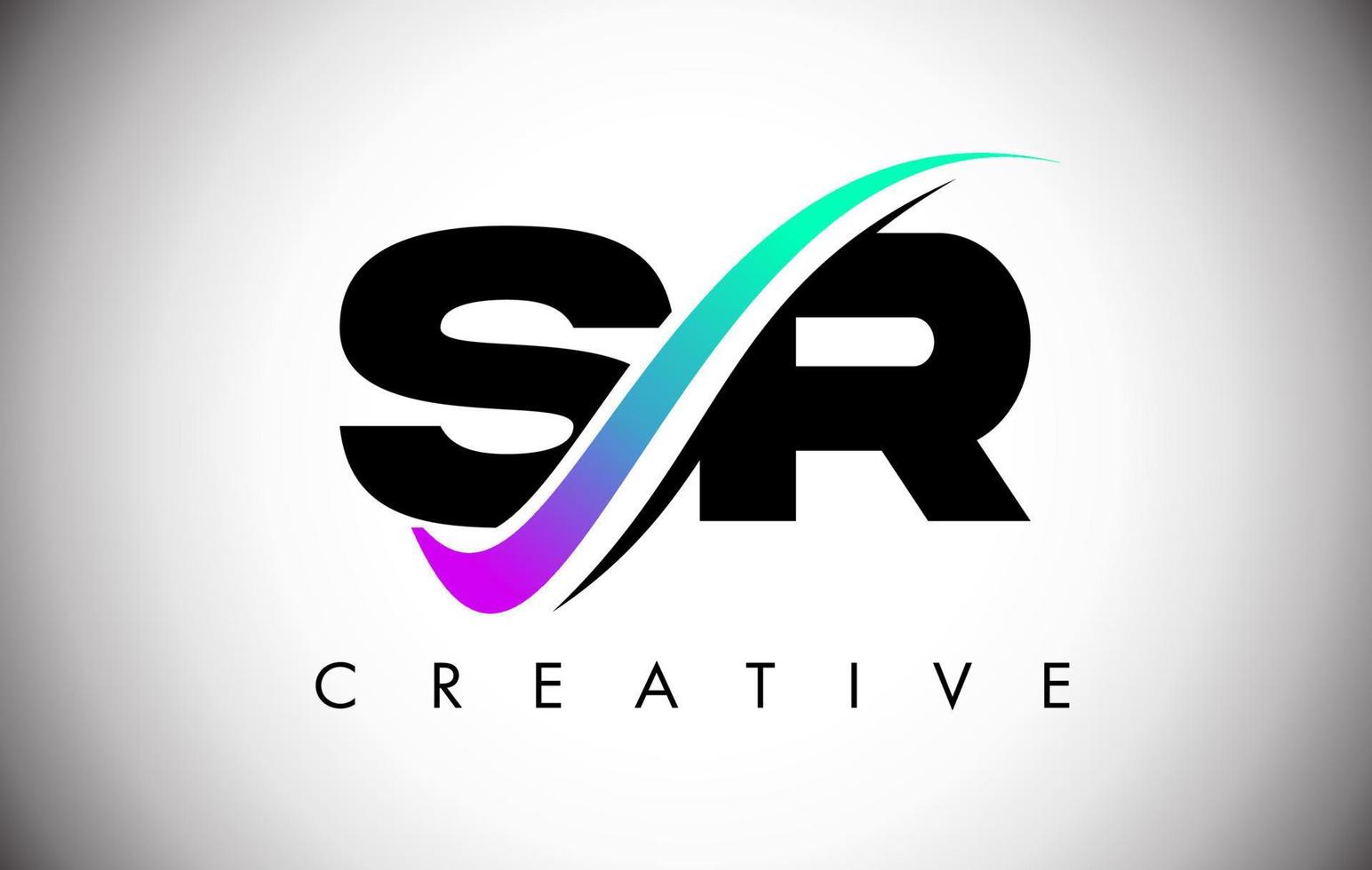 Logotipo de letra sr con línea curva swoosh creativa y fuente en negrita y colores vibrantes vector