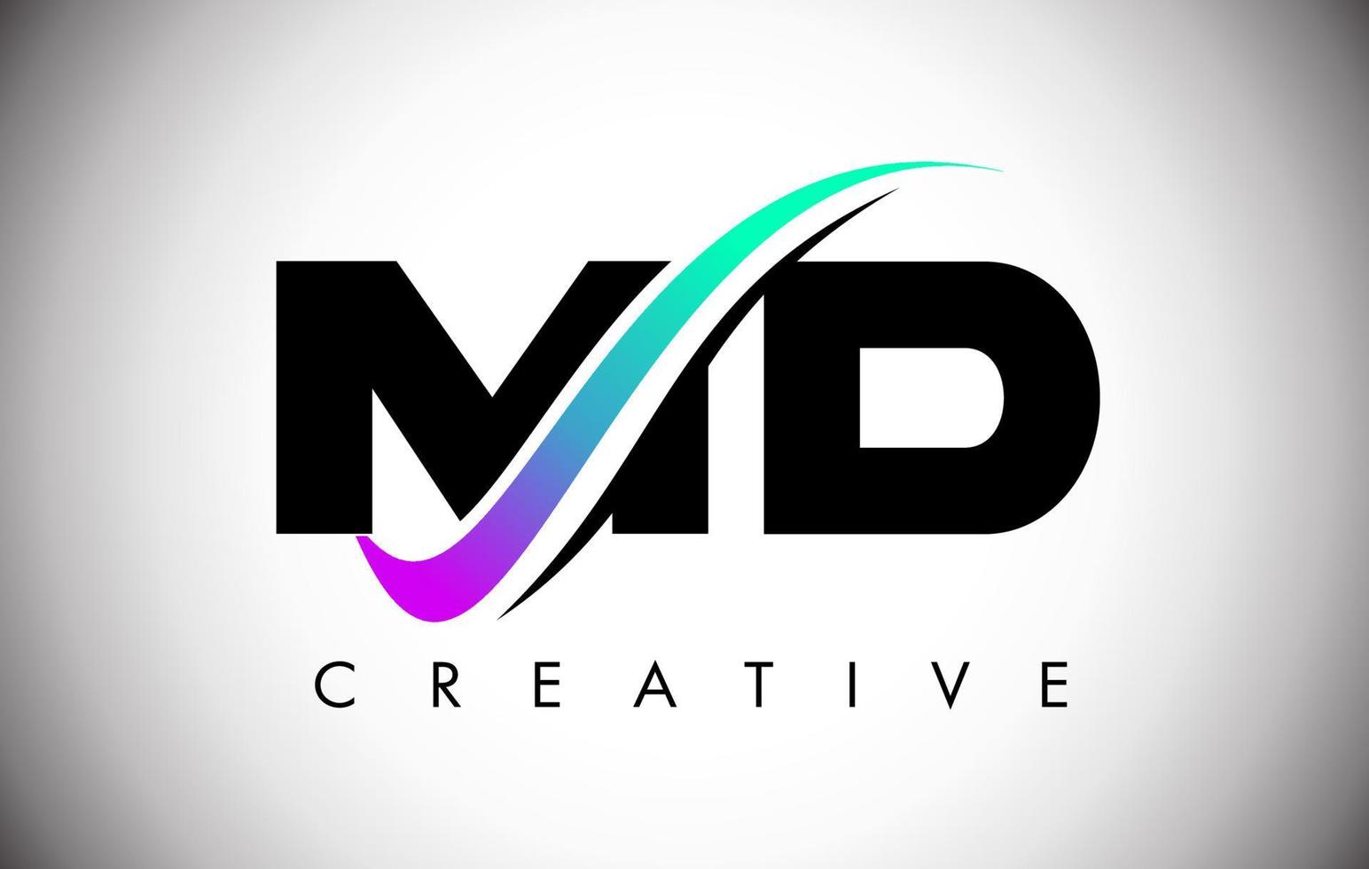 Logotipo de letra md con línea curva swoosh creativa y fuente en negrita y colores vibrantes vector
