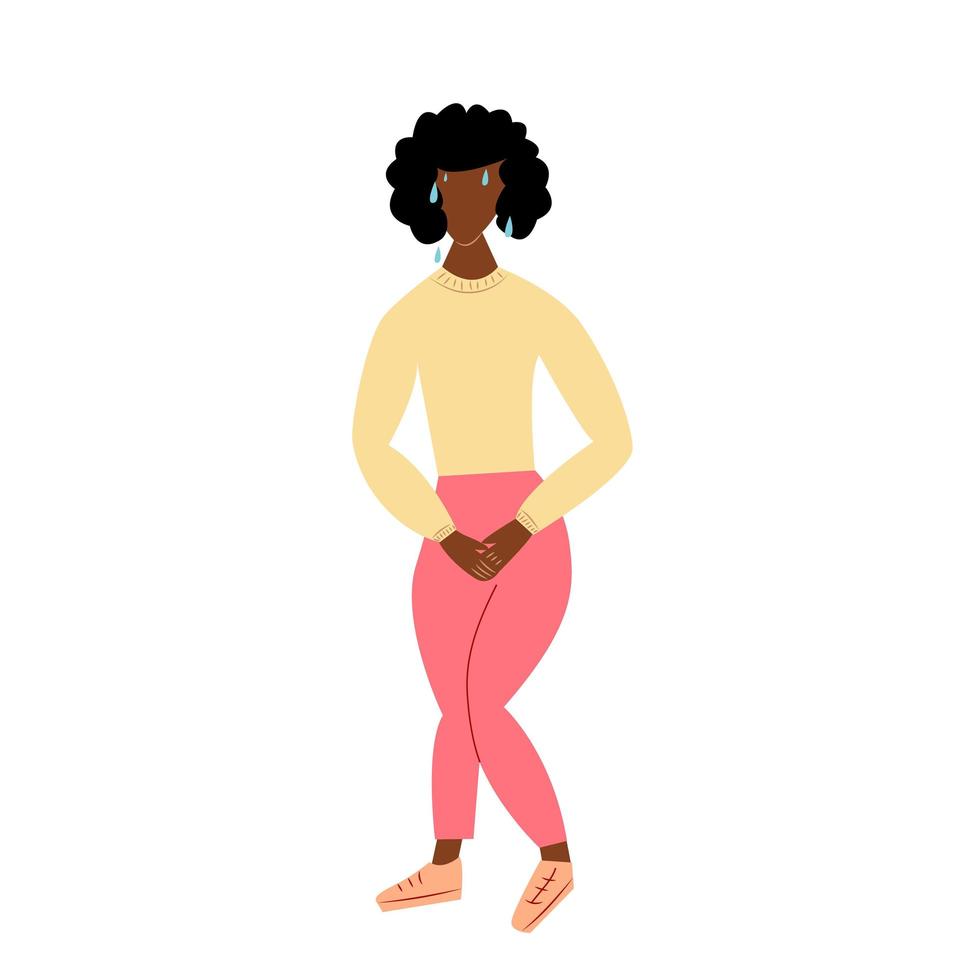 Urinary incontinence problem. African American woman hands holding her crotch, Female want to pee all the time. Isolated on white background. Vector illustration.